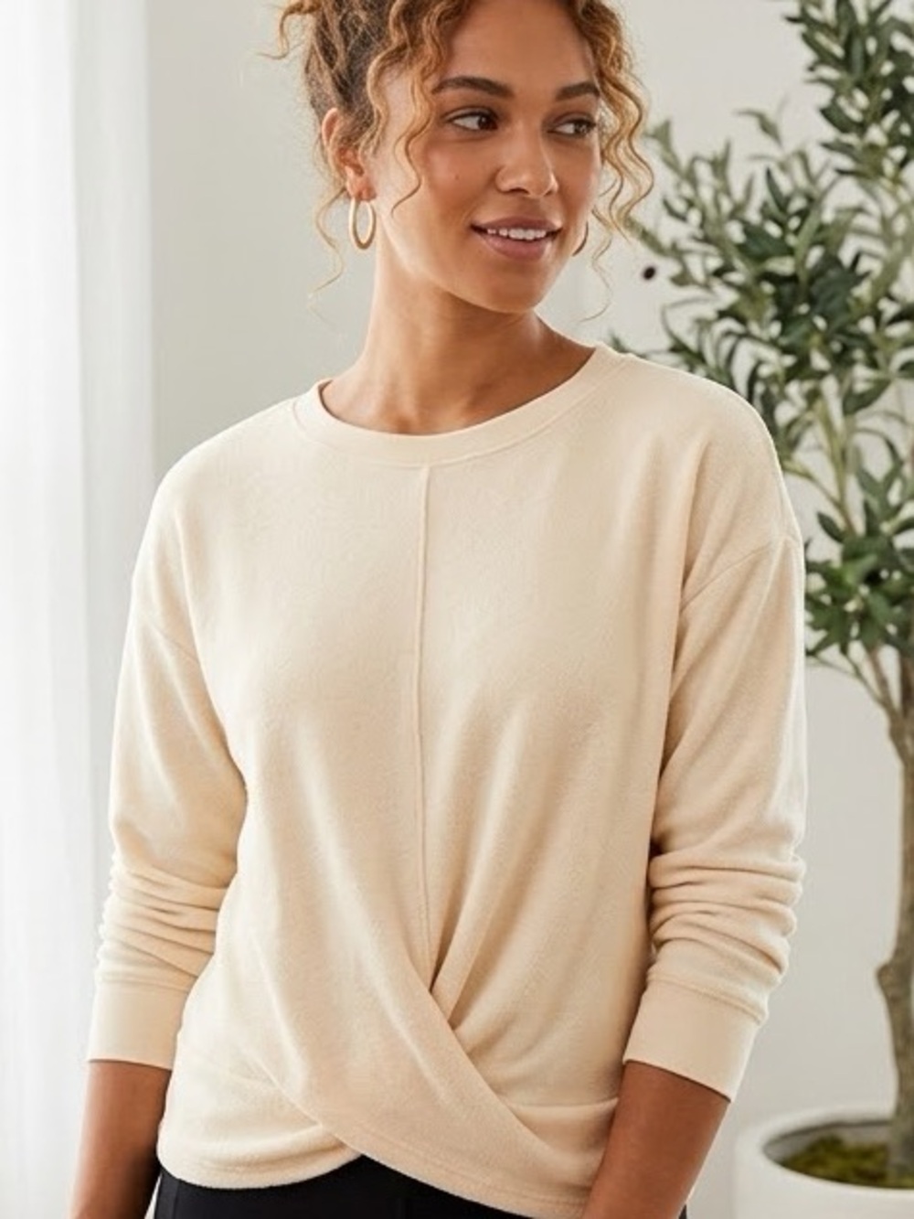 Spiritual Gangster Cream Twist Front Long Sleeve Sweatshirt Top - Small